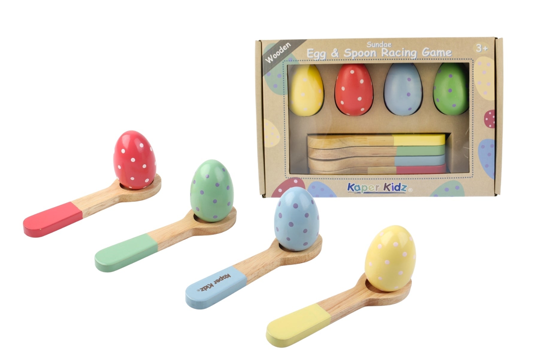 Kaper Kidz Calm & Breezy Sundae Egg & Spoon Racing Game with colorful plastic eggs and spoons for kids' outdoor play.