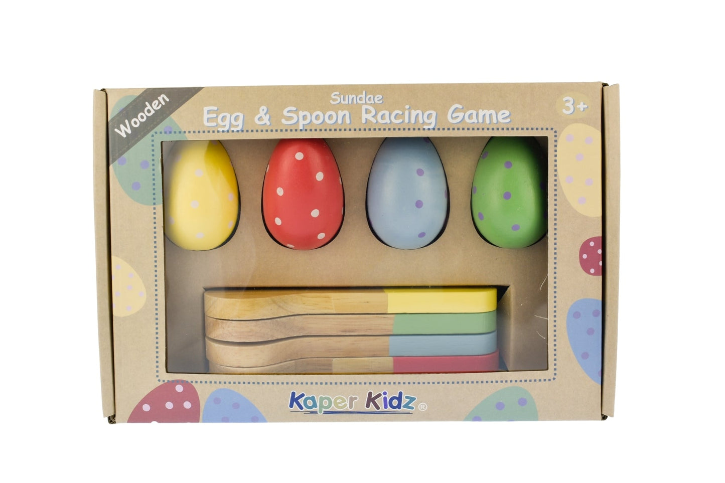 Kaper Kidz Calm & Breezy Sundae Egg & Spoon Racing Game with colorful game pieces and spoons for kids' outdoor fun.