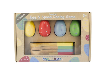 Kaper Kidz Calm & Breezy Sundae Egg & Spoon Racing Game with colorful game pieces and spoons for kids' outdoor fun.