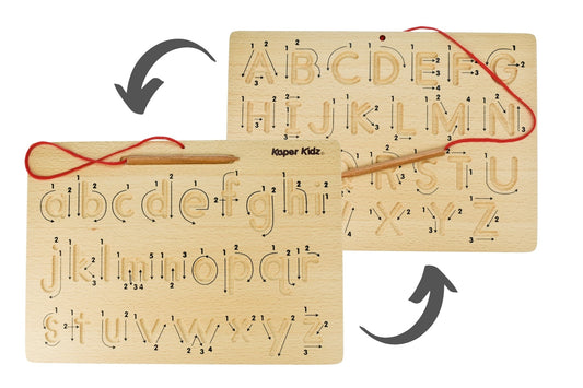 Double-sided alphabet tracing board by Kaper Kidz with uppercase and lowercase letters for early learning.