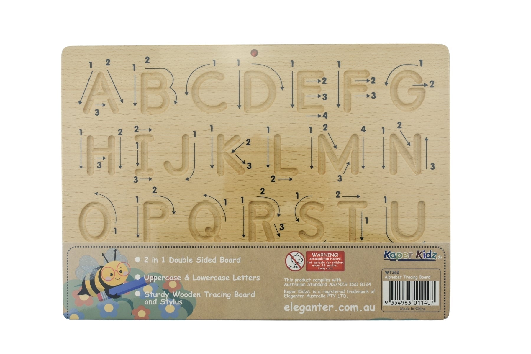 Double-sided alphabet tracing board by Kaper Kidz featuring uppercase and lowercase letters for early learning.