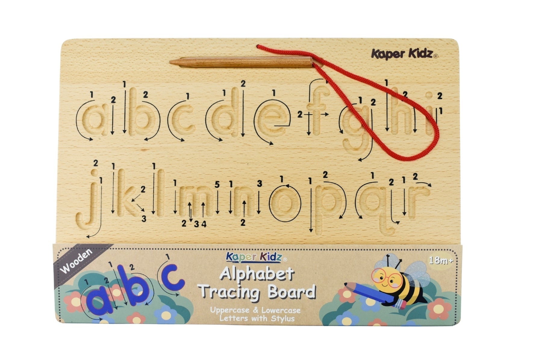 Double-sided alphabet tracing board by Kaper Kidz with colorful letters for early learning and handwriting practice.