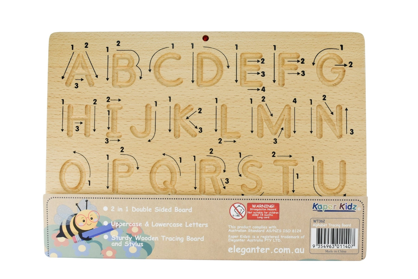Double-sided alphabet tracing board by Kaper Kidz, featuring uppercase and lowercase letters for early learning.