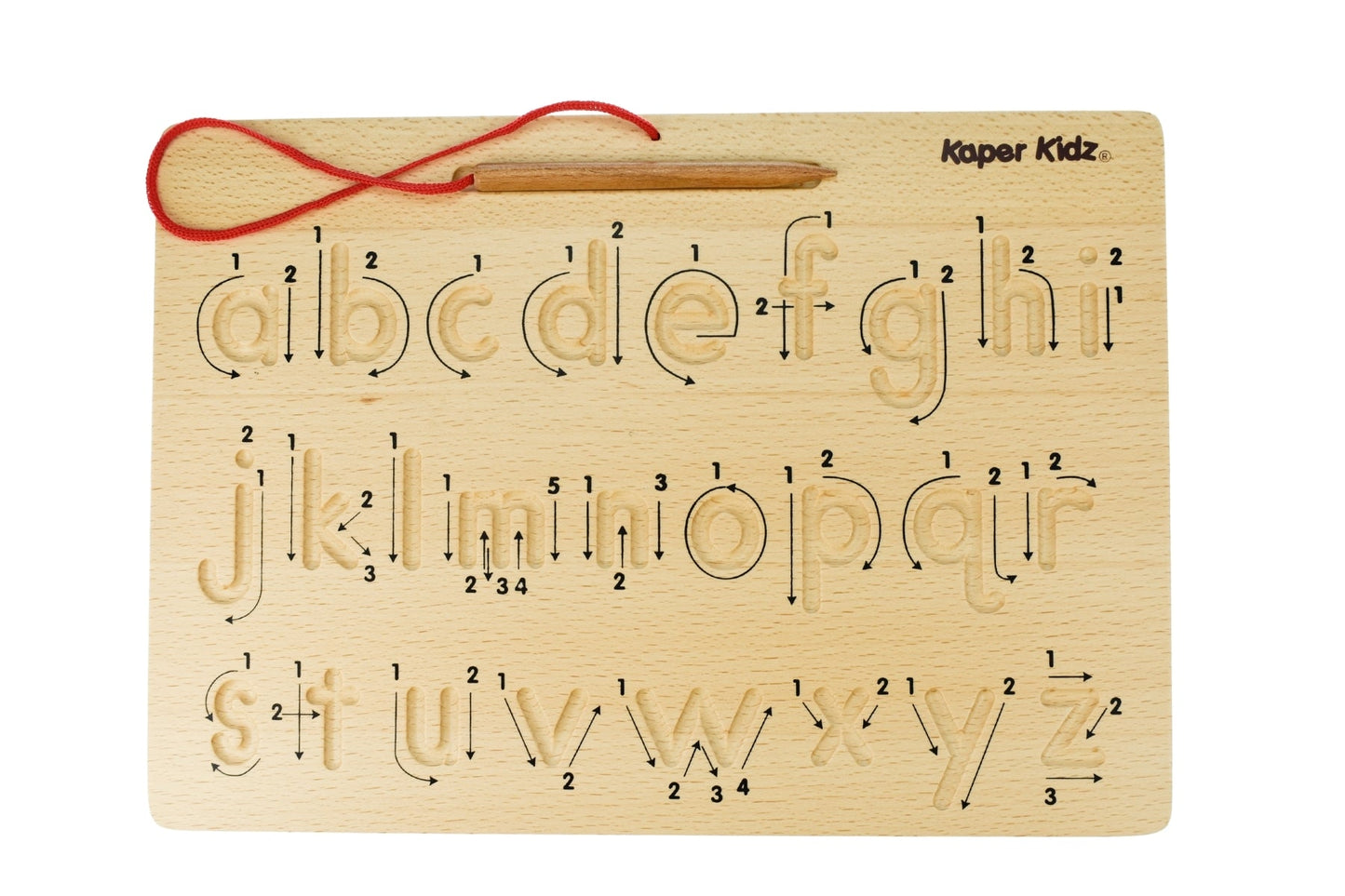 Double-sided alphabet tracing board by Kaper Kidz featuring uppercase and lowercase letters for early learning.