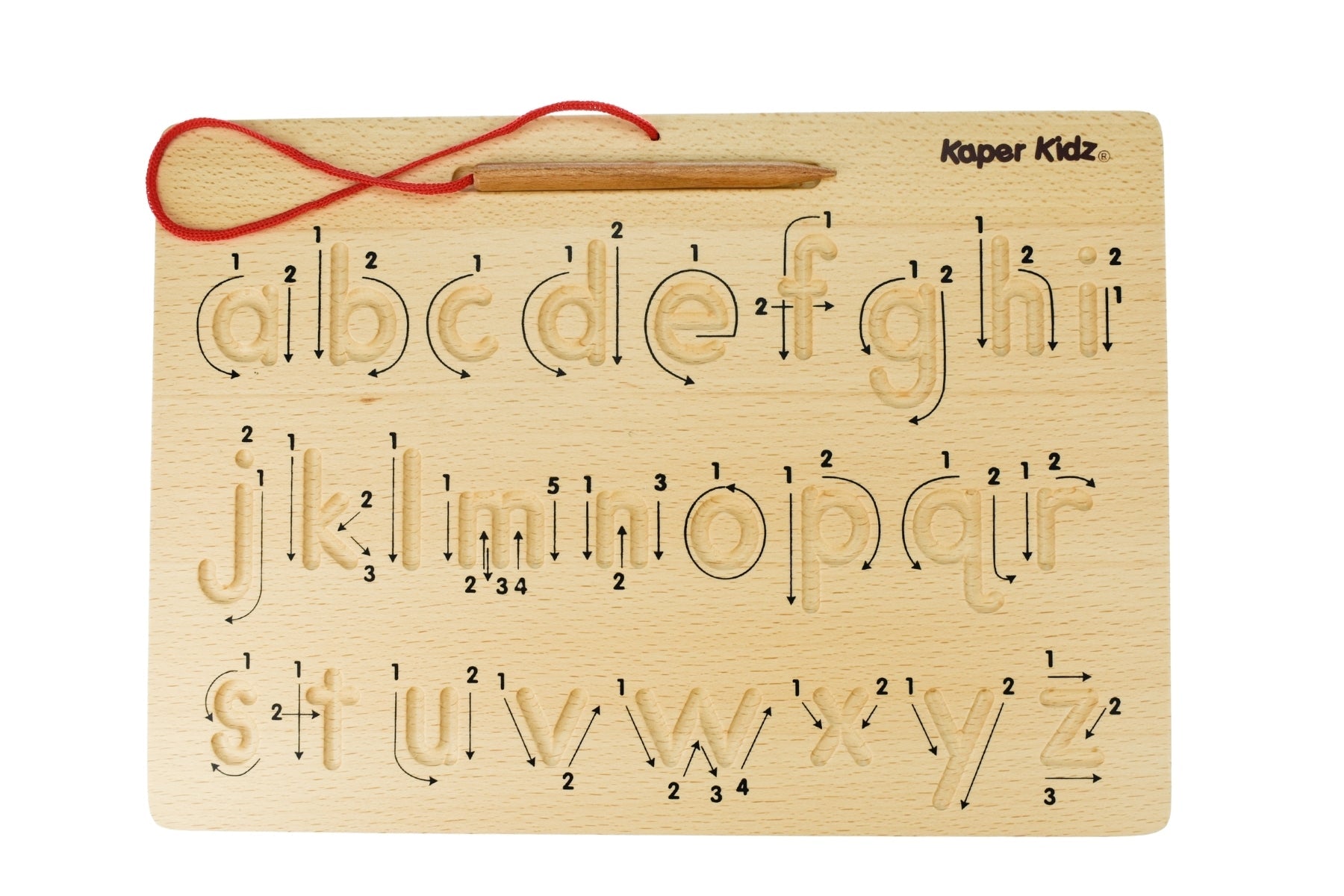 Double-sided alphabet tracing board by Kaper Kidz featuring uppercase and lowercase letters for early learning.