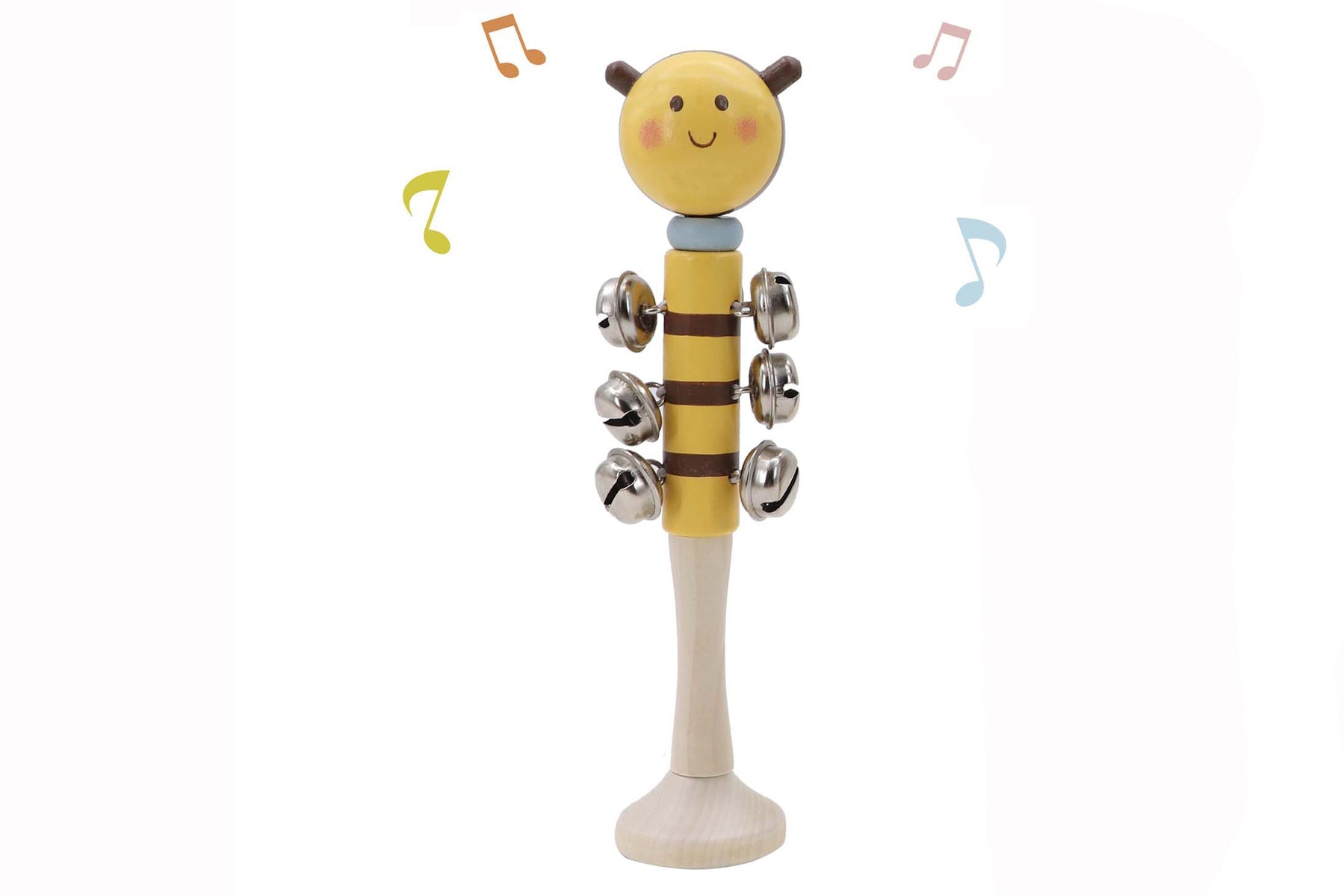 Wooden Bee Bell Stick by Kaper Kidz featuring a cute bee design and a small bell, perfect for kids' musical play and sensory activities.