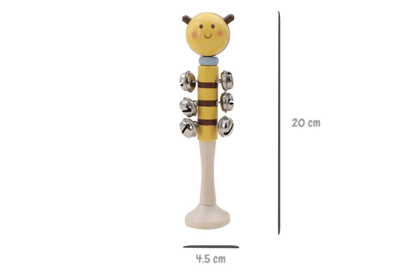 Wooden Bee Bell Stick by Kaper Kidz featuring a carved bee design and a natural wood finish, perfect for children's musical play.