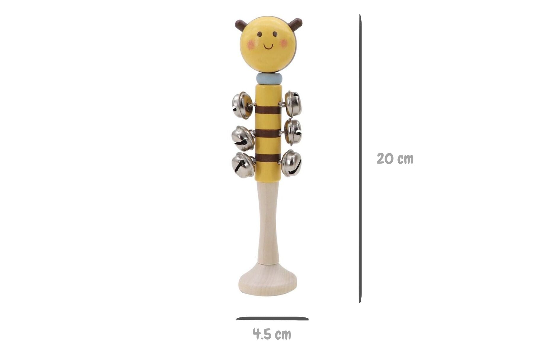 Wooden Bee Bell Stick by Kaper Kidz featuring a carved bee design and a natural wood finish, perfect for children's musical play.
