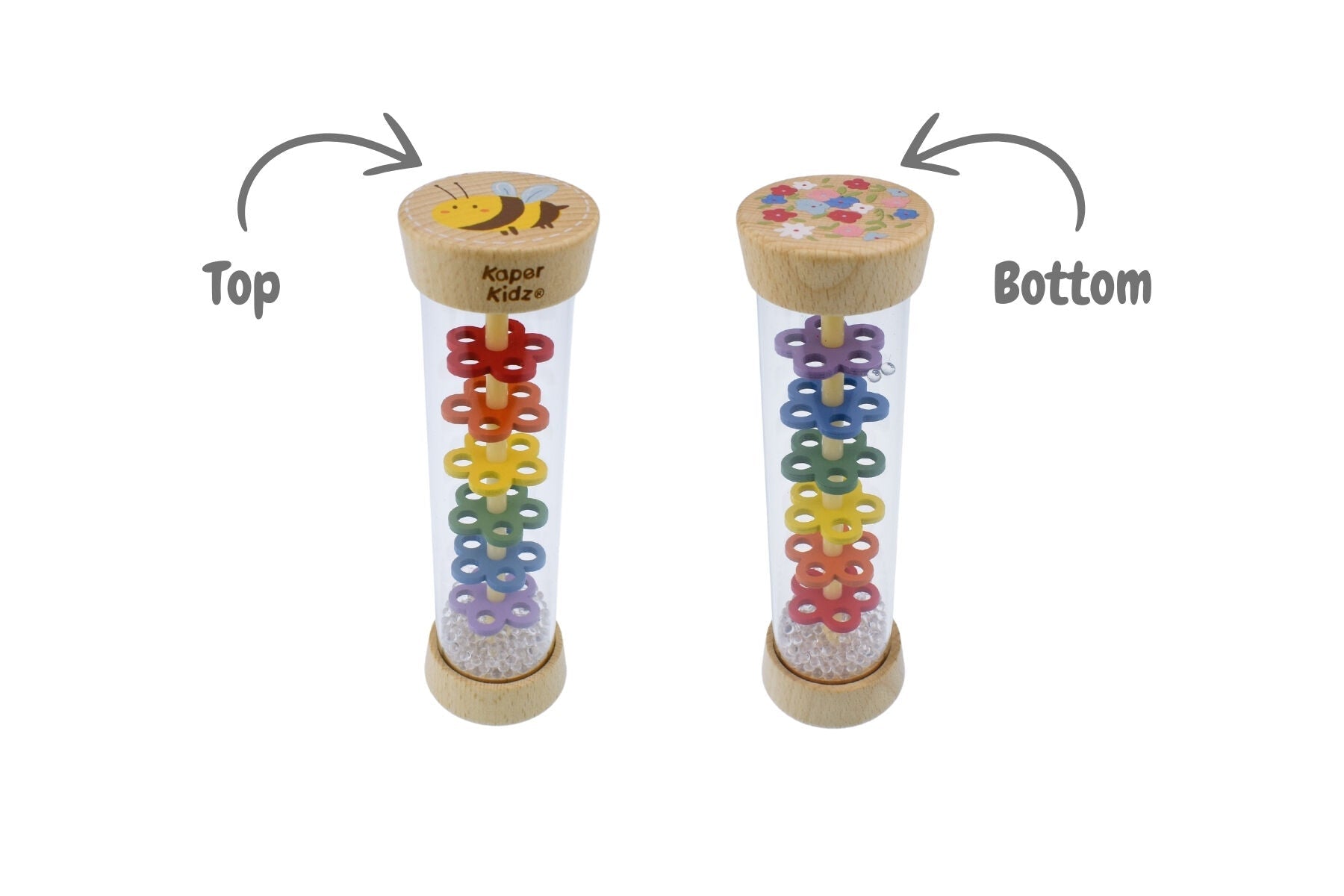 Wooden Bee Rainmaker Rattle by Kaper Kidz, a colorful baby toy with a bee design and rainmaker sound feature.