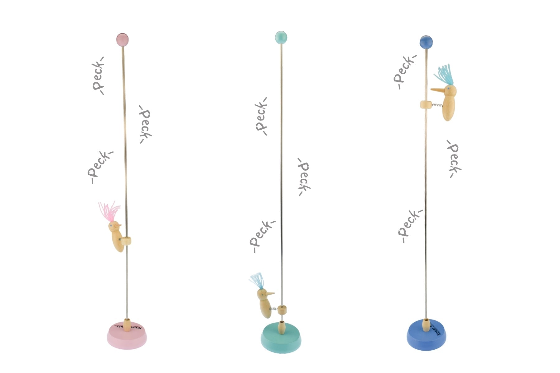 Set of six Bobbing Beak Woodpecker toys by Kaper Kidz, featuring colorful, animated woodpecker figures with bobbing beak motion.