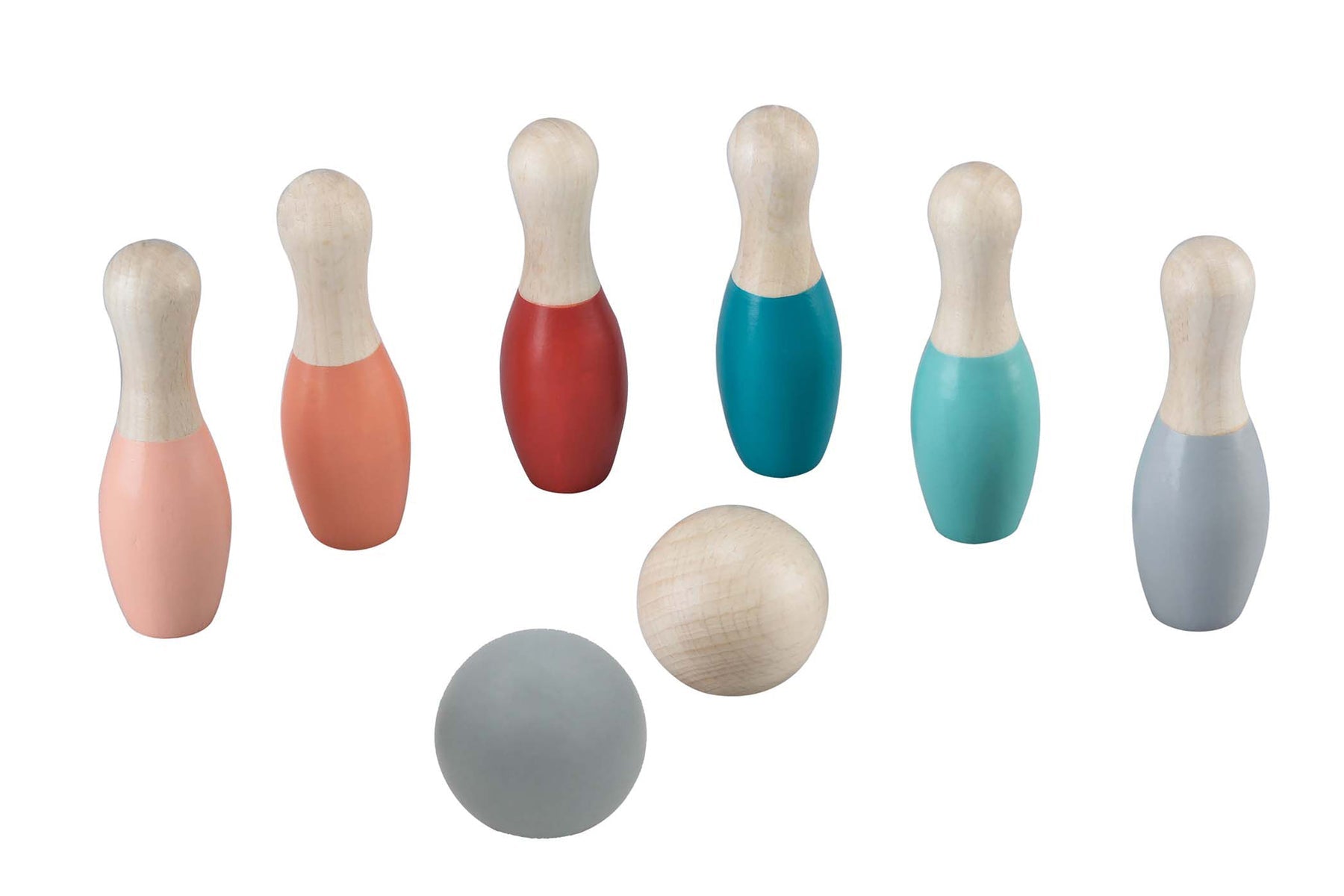 Kaper Kidz wooden bowling set with colorful pins arranged on a surface for children’s outdoor play.