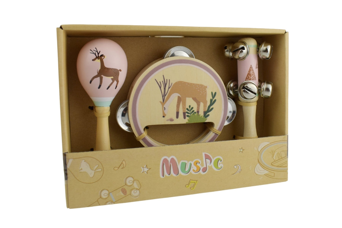 Kaper Kidz Calm & Breezy Deer Wooden Musical Set with three colorful animal instruments for children.