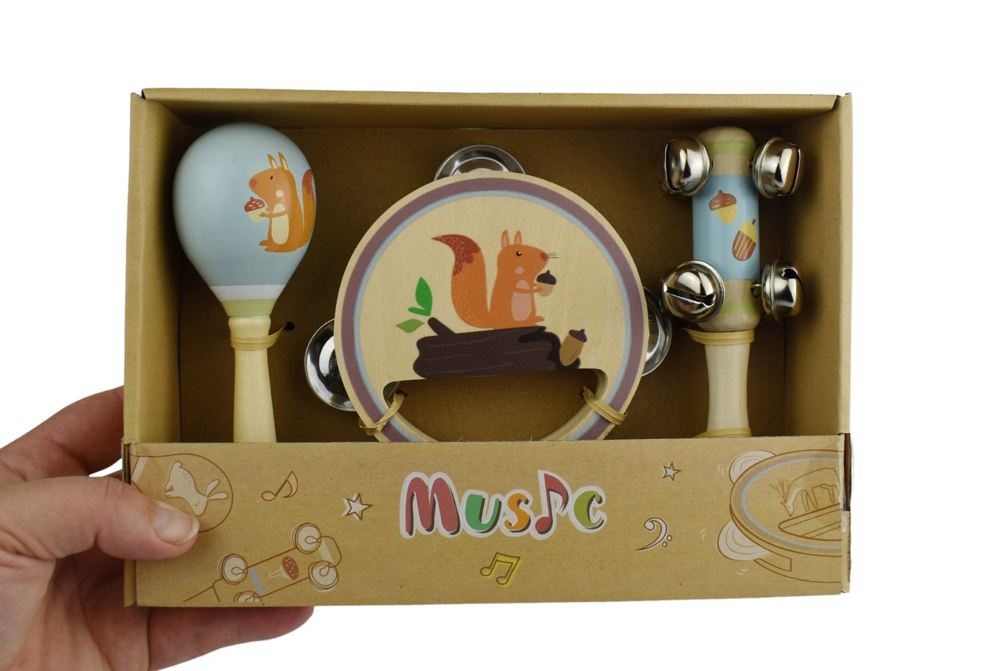 Kaper Kidz Calm & Breezy Squirrel Wooden Musical Set with three colorful wooden instruments for kids.