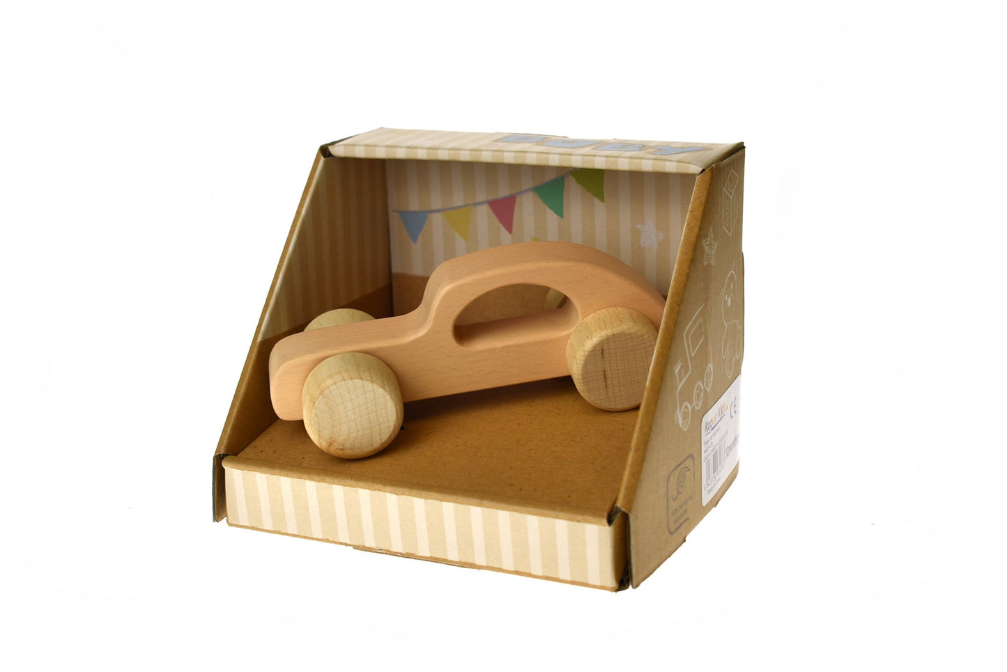 Beige wooden toy car from Kaper Kidz's Calm & Breezy collection, designed for children, with smooth finish and natural wood grain.