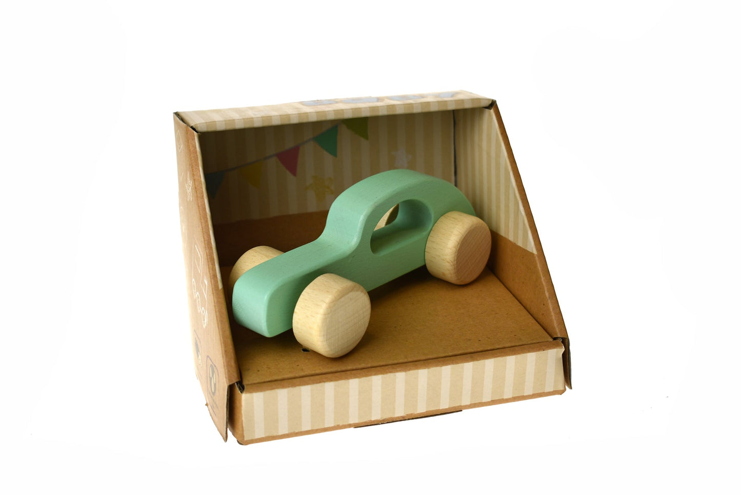 Green wooden toy car by Kaper Kidz, featuring a calm and breezy design, perfect for young children.