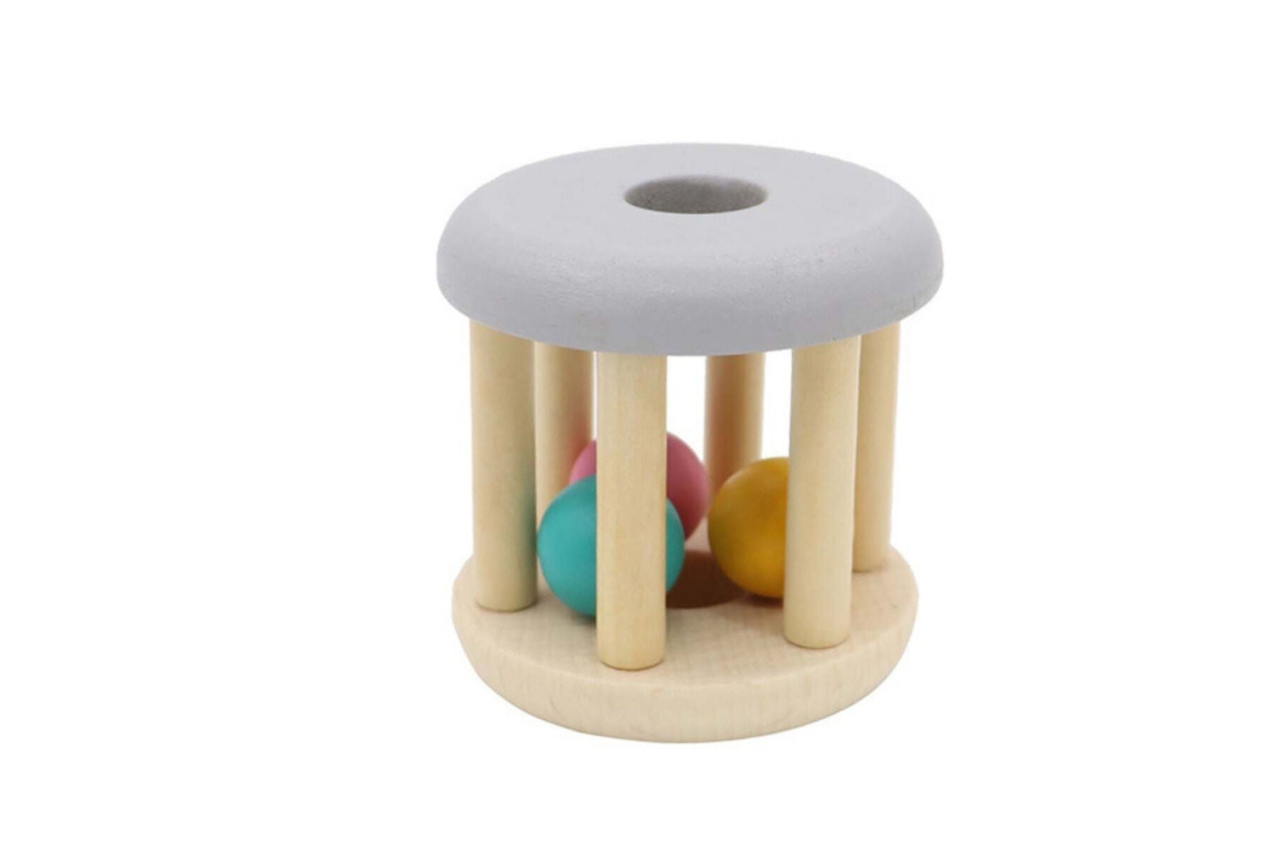 Set of three wooden rattles from Kaper Kidz's Calm & Breezy collection, featuring smooth, natural wood textures for infants.