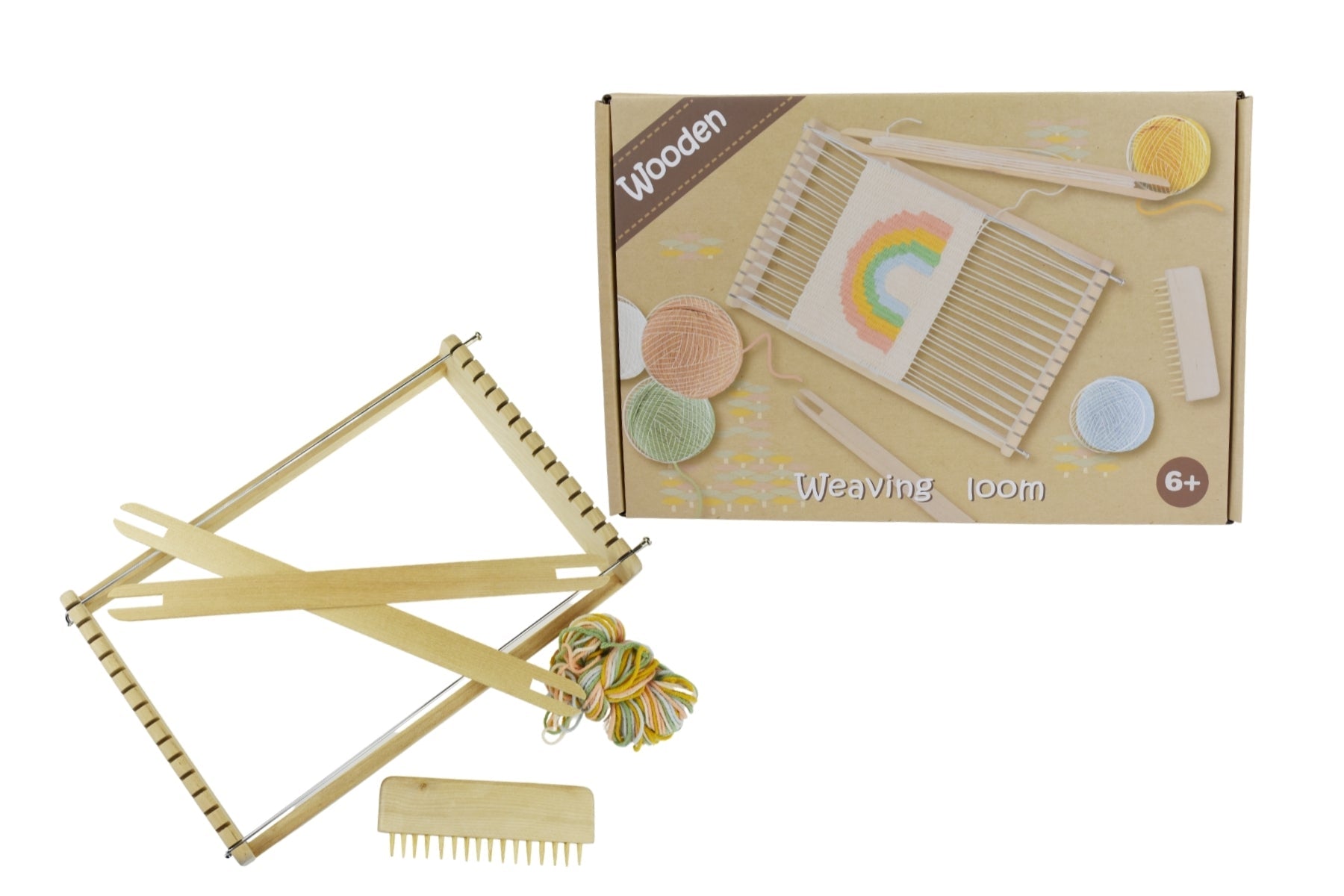 Kaper Kidz Calm & Breezy Wooden Weaving Loom for kids, with colorful yarn and wooden frame for creative weaving projects.