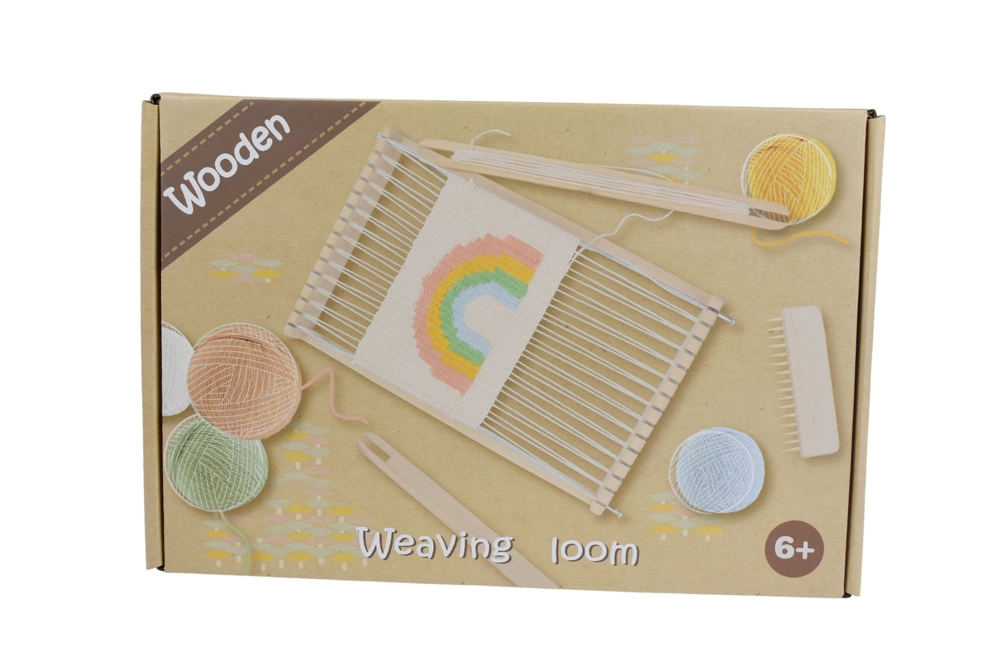 Kaper Kidz Calm & Breezy Wooden Weaving Loom for kids, featuring natural wood frame and colorful woven fabric.