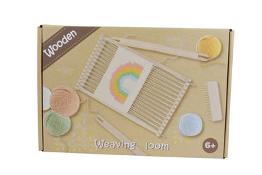 Kaper Kidz Calm & Breezy Wooden Weaving Loom for kids, featuring natural wood frame and colorful woven fabric.