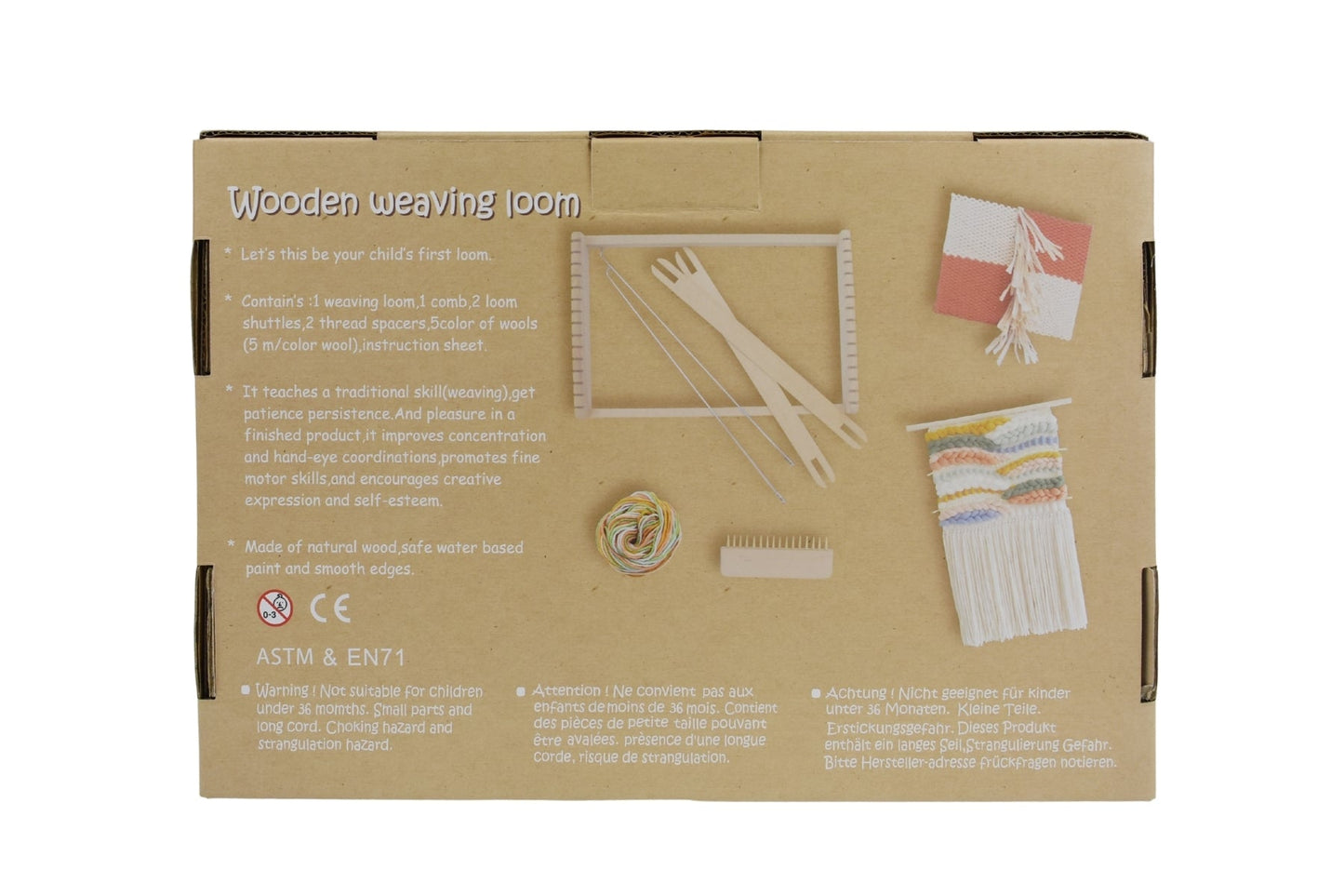 Kaper Kidz Calm & Breezy Wooden Weaving Loom with wooden frame and colorful woven fabric showcasing weaving art.