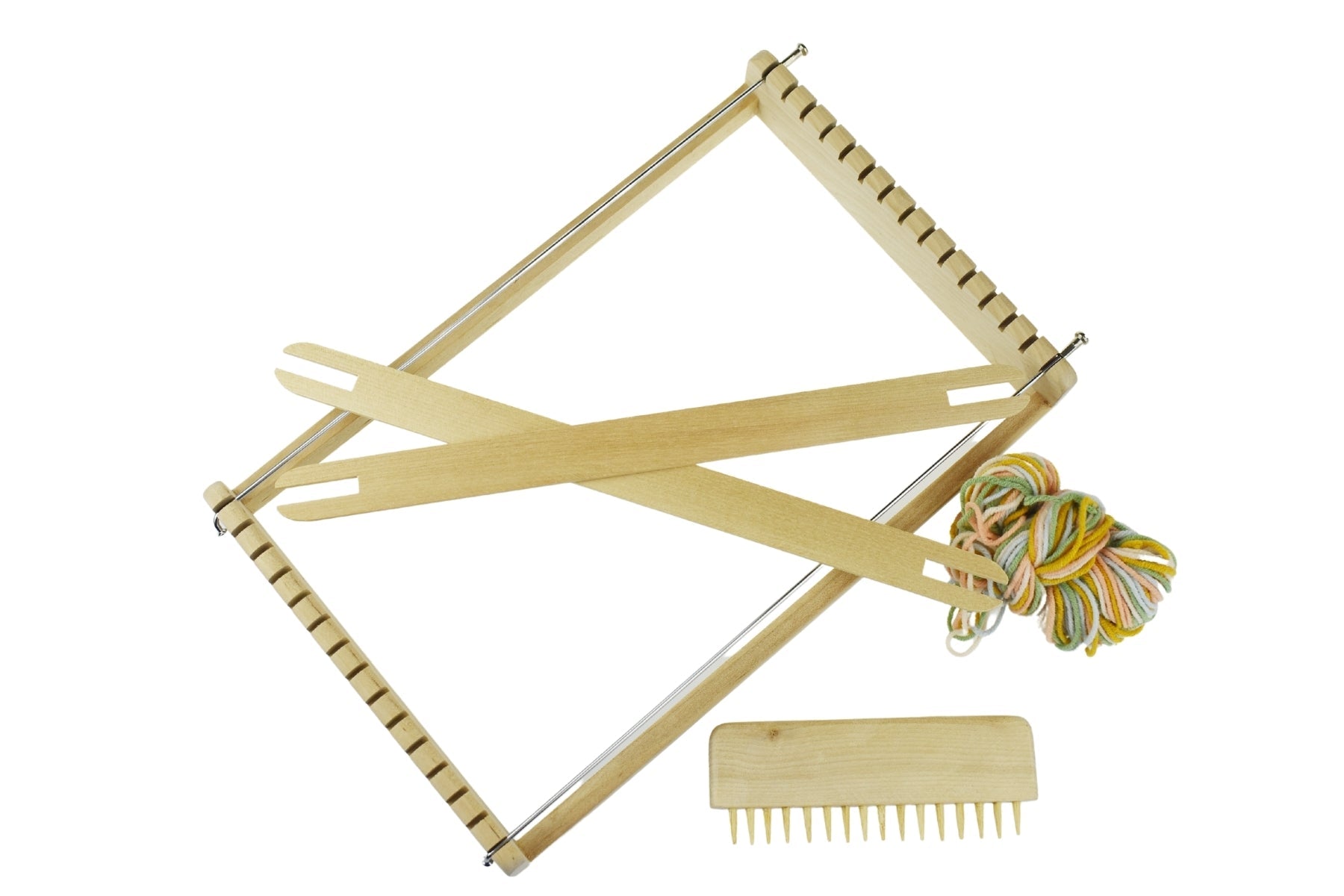 Kaper Kidz Calm & Breezy Wooden Weaving Loom for kids, featuring natural wood frame and colorful weaving accessories.