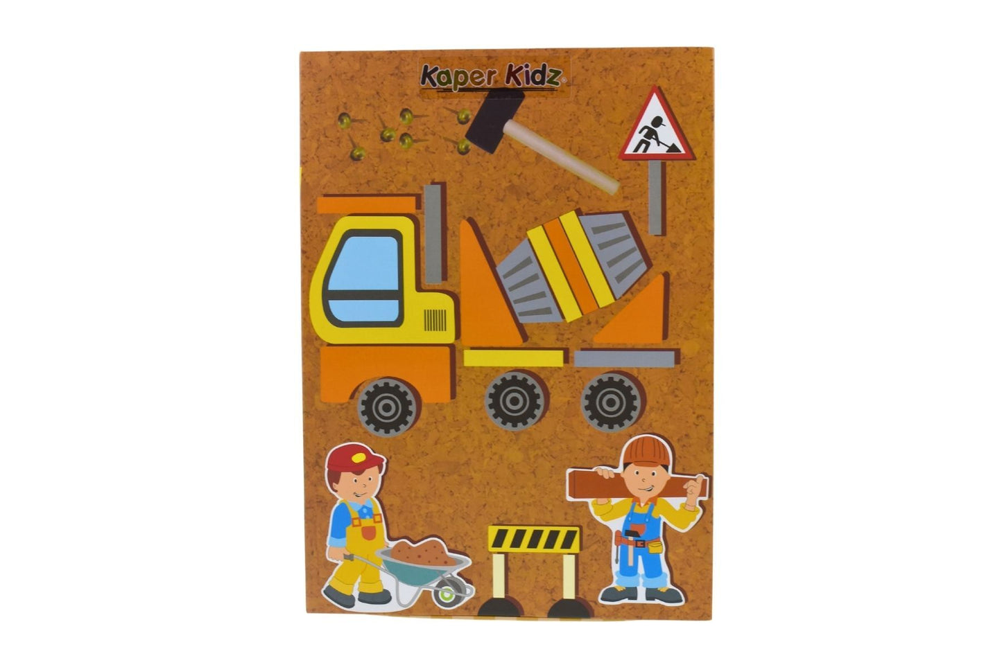 Wooden construction truck tap-a-shape toy in Kaper Kidz bookcase, educational wooden puzzle for kids' learning and play.