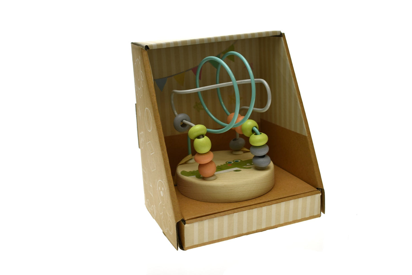 Kaper Kidz crocodile jungle animal small roller coaster bead maze for toddlers, colorful wooden toy with animal figures and twisting tracks.