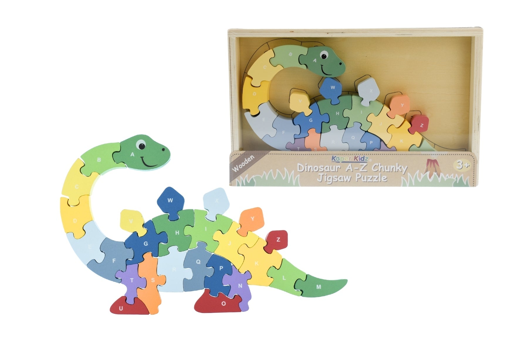 Kaper Kidz Dinosaur A-Z Chunky Jigsaw Puzzle featuring colorful dinosaur illustrations for kids' learning and play.