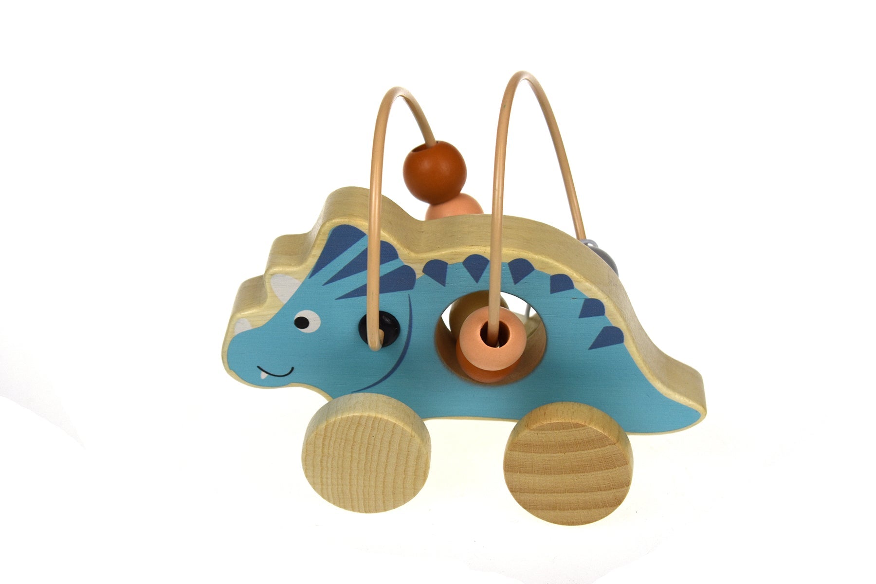 Blue dinosaur bead maze on wooden wheel for kids, by Kaper Kidz, features colorful beads and a sturdy wooden base for early play.