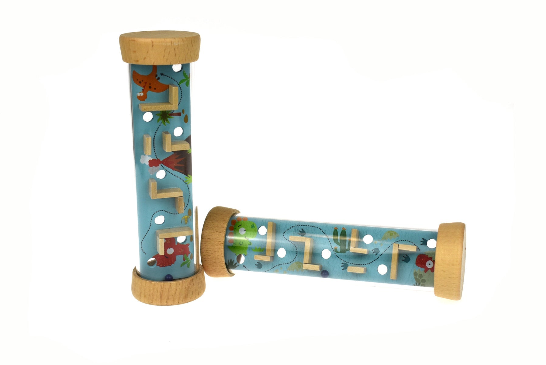 Wooden dinosaur labyrinth in a tube toy by Kaper Kidz, featuring a colorful dinosaur design for kids' play and learning.