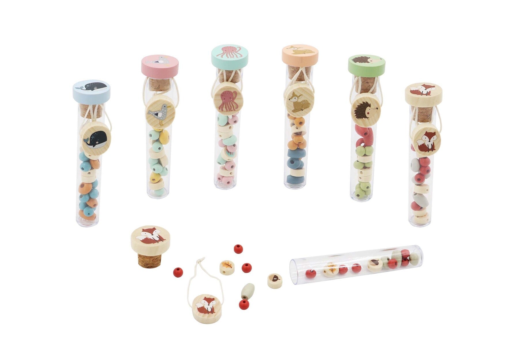 Diy wooden bracelet with sea and woodland animal charms from Kaper Kidz, featuring natural wood beads and detailed animal designs.