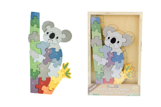 Colorful Koala A-Z chunky jigsaw puzzle by Kaper Kidz featuring large pieces and educational alphabet illustrations.