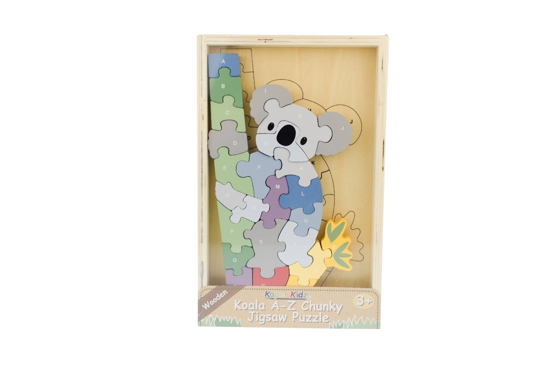 Kaper Kidz Koala A-Z chunky jigsaw puzzle with colorful alphabet pieces for children, featuring a cute koala illustration.