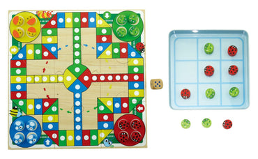 Kaper Kidz Ludo and Tic Tac Toe tin box game with colorful game boards and pieces inside, perfect for kids' fun and entertainment.