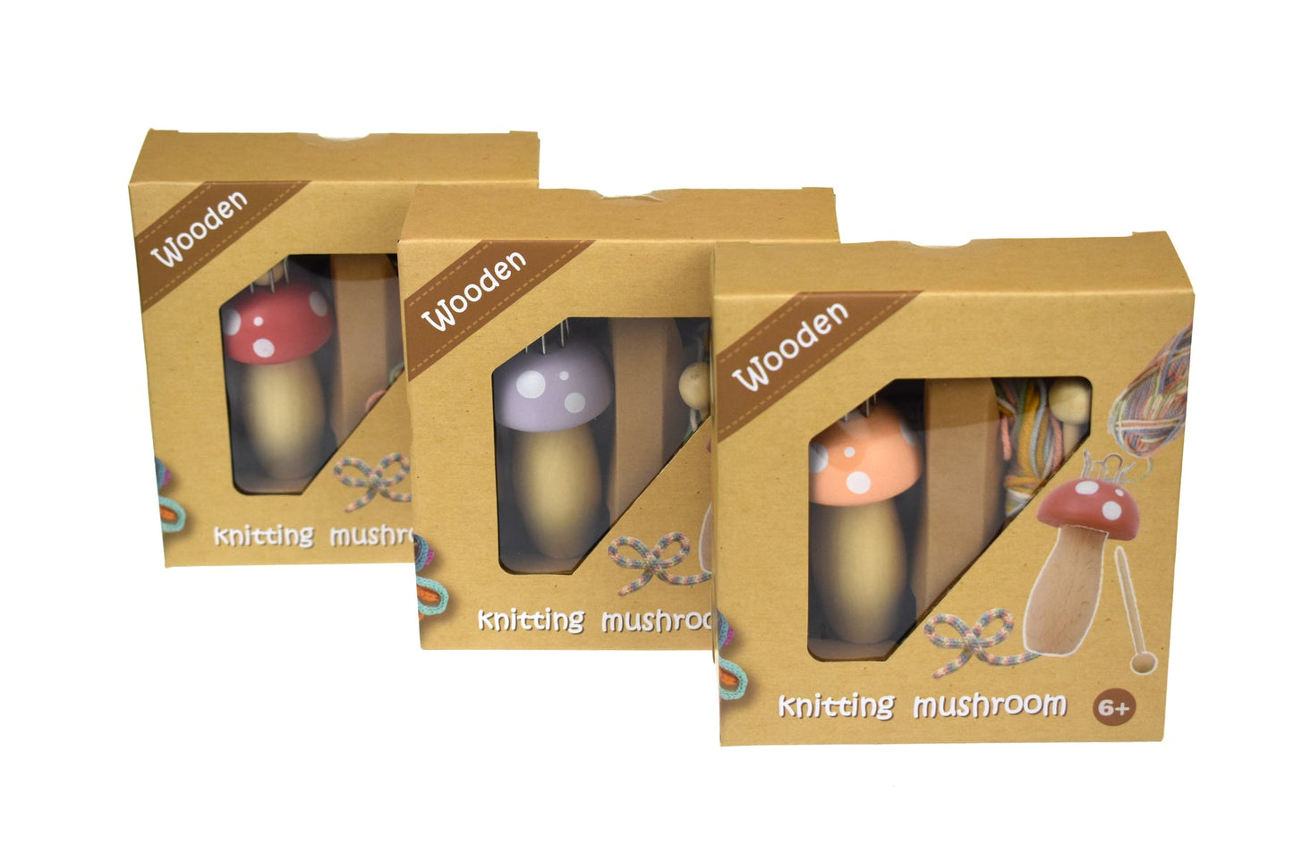 Wooden mushroom knitting Nancy craft kit by Kaper Kidz, includes 3 colorful mushroom-shaped knitting nancys for kids' DIY projects.