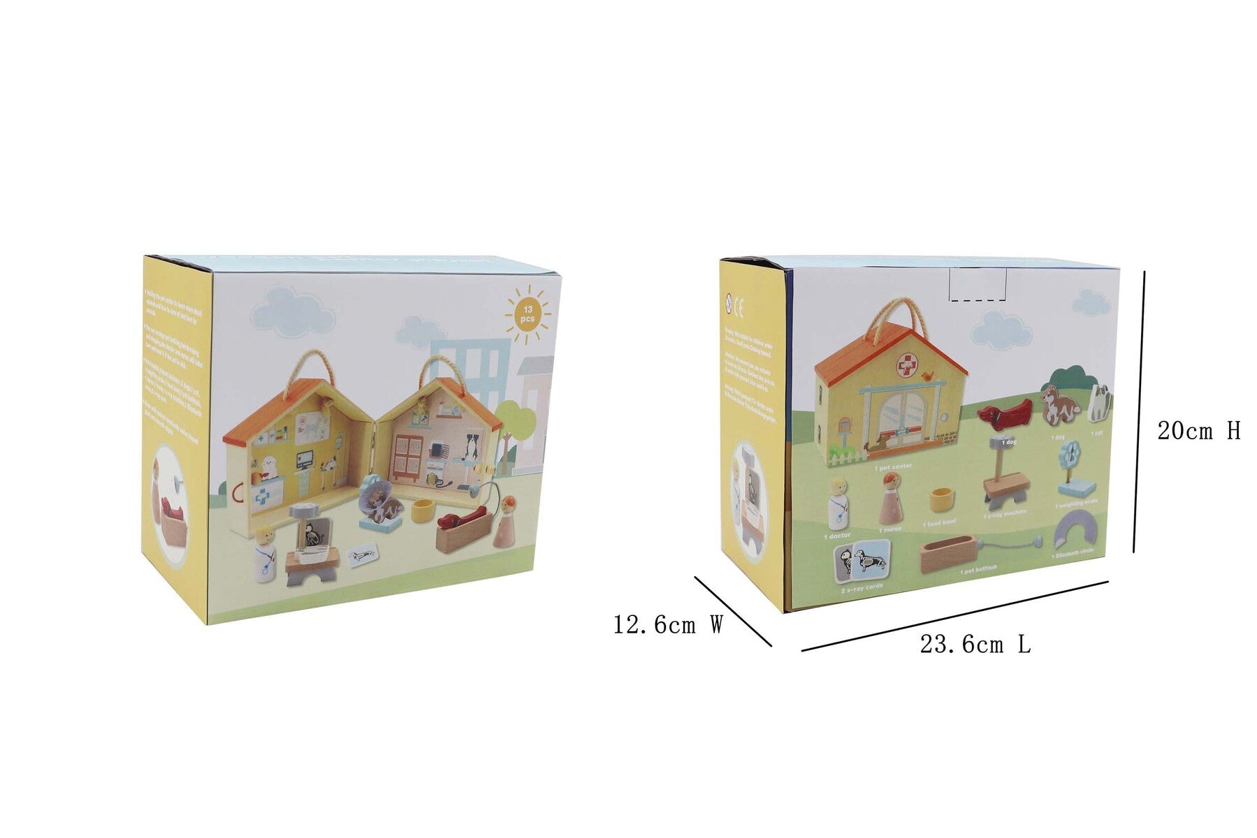Wooden portable veterinary pet hospital playset by Kaper Kidz featuring colorful medical tools and pet figures for kids' role play.