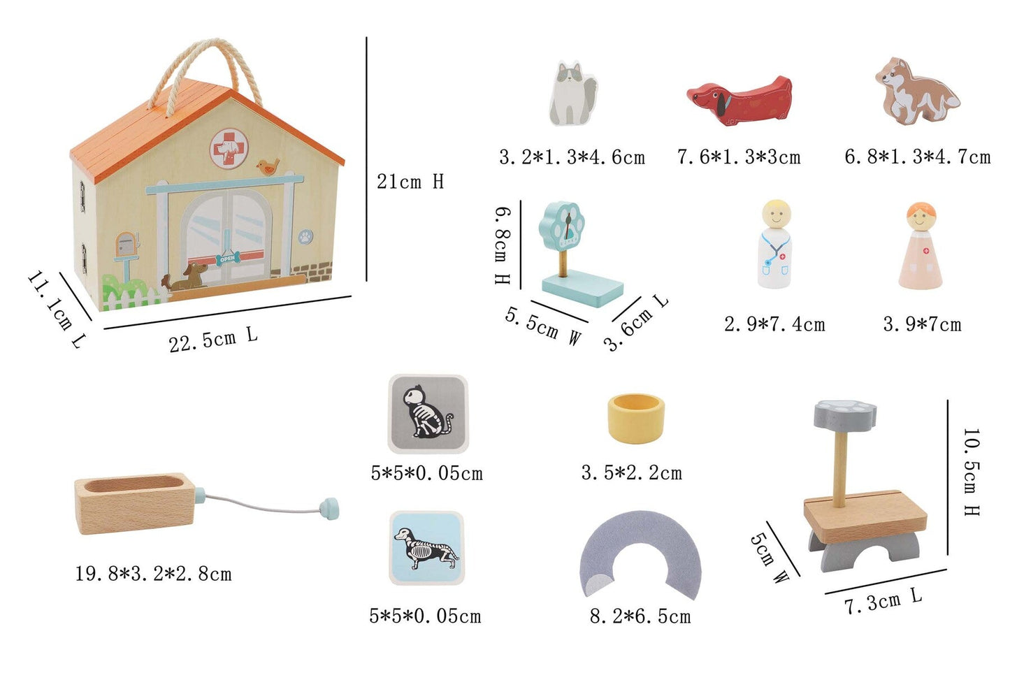 Wooden portable veterinary pet hospital playset by Kaper Kidz featuring toy medical tools and pet figures for kids' pretend play.