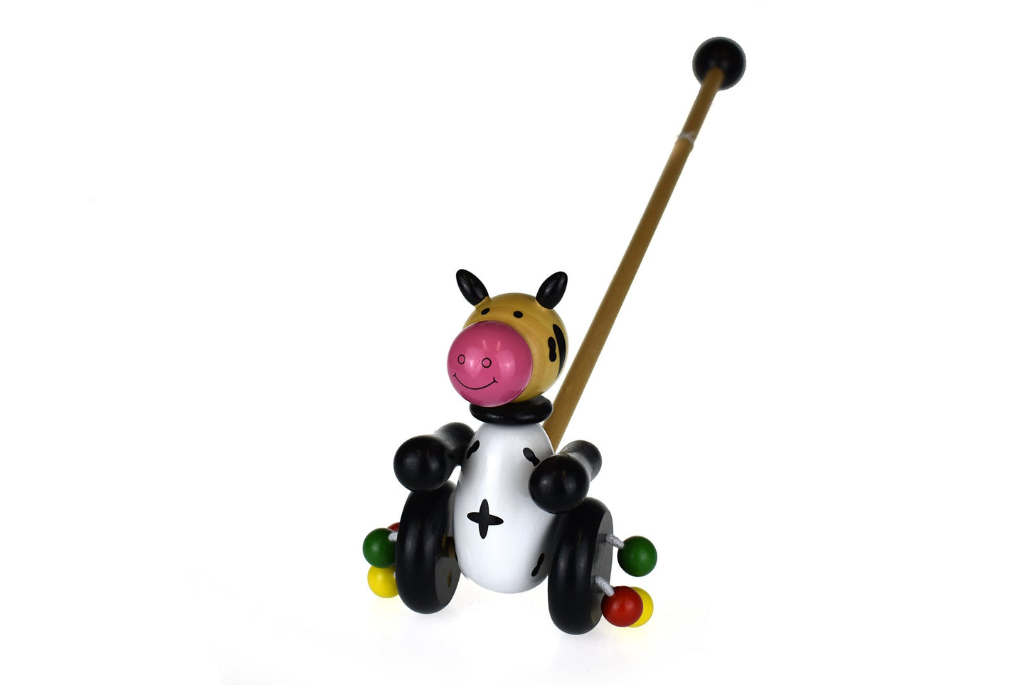 Kaper Kidz push along wooden cow toy for toddlers, featuring a smooth finish and sturdy handle for easy walking support.