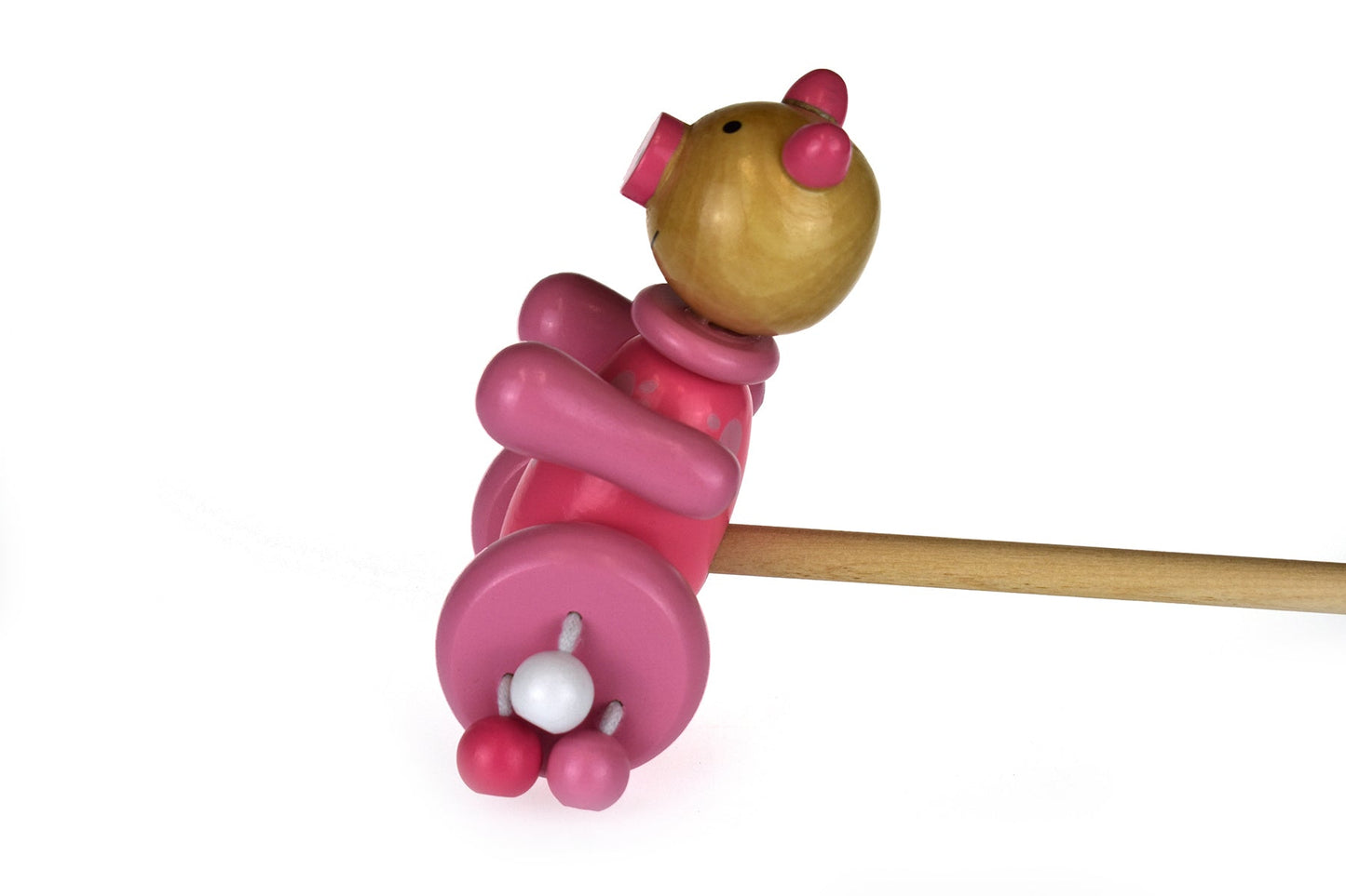 Push along wooden pig toy by Kaper Kidz, featuring a smooth finish and sturdy wheels for young children to push and play.