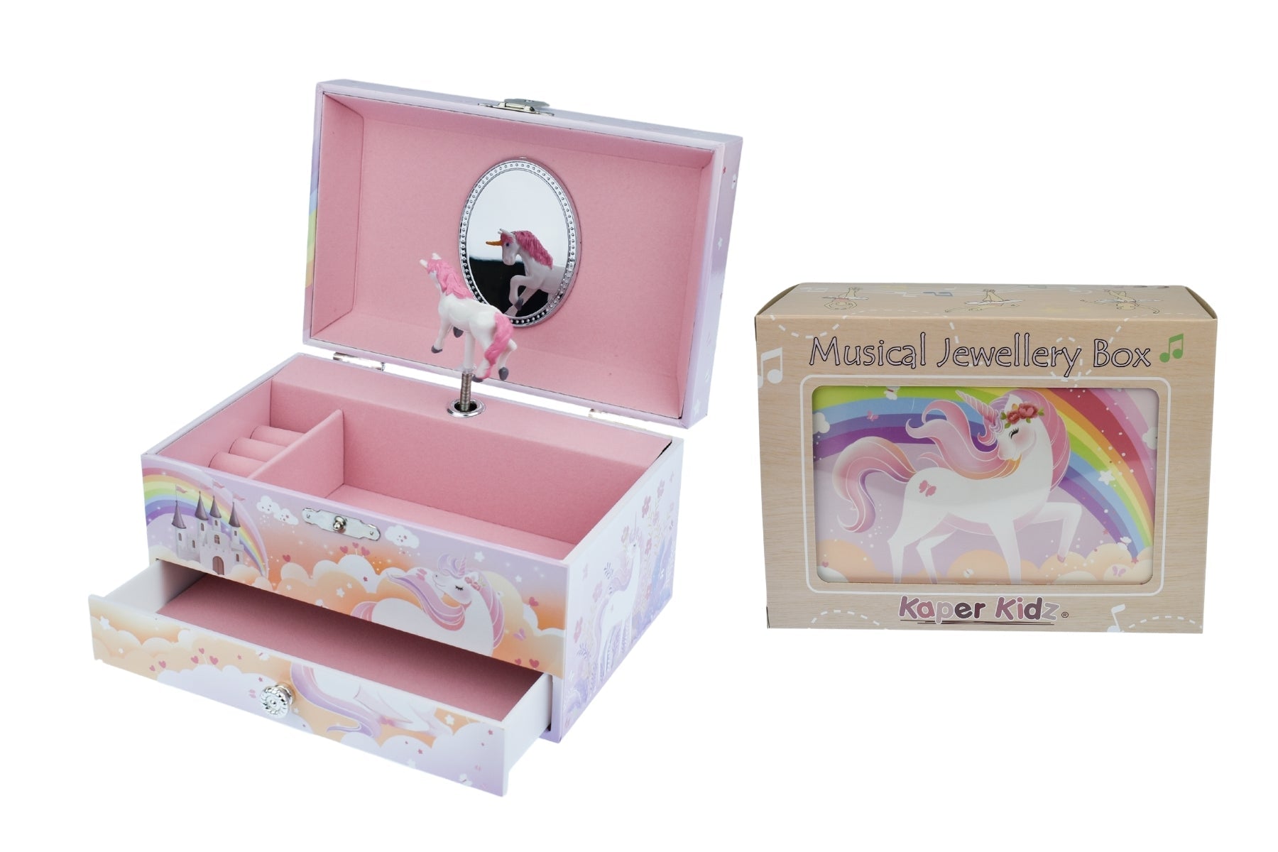 Rainbow unicorn heirloom music box by Kaper Kidz featuring a colorful unicorn figure and intricate design.