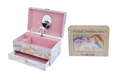 Rainbow unicorn heirloom music box by Kaper Kidz featuring a colorful unicorn figure and intricate design.