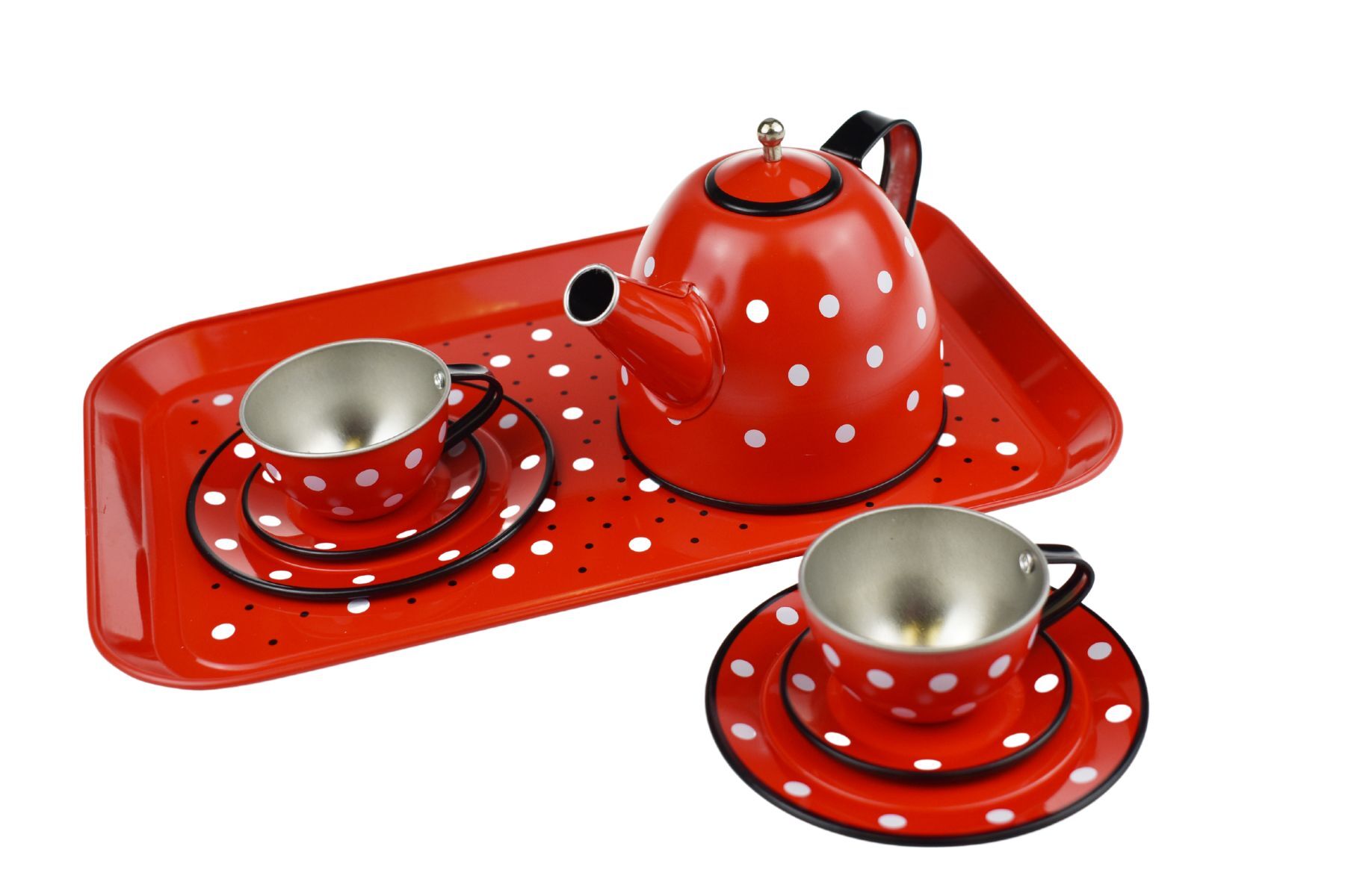 RED POLKA DOT BLACK TRIM TIN TEA SET 15PCS - Bamboo Sprout