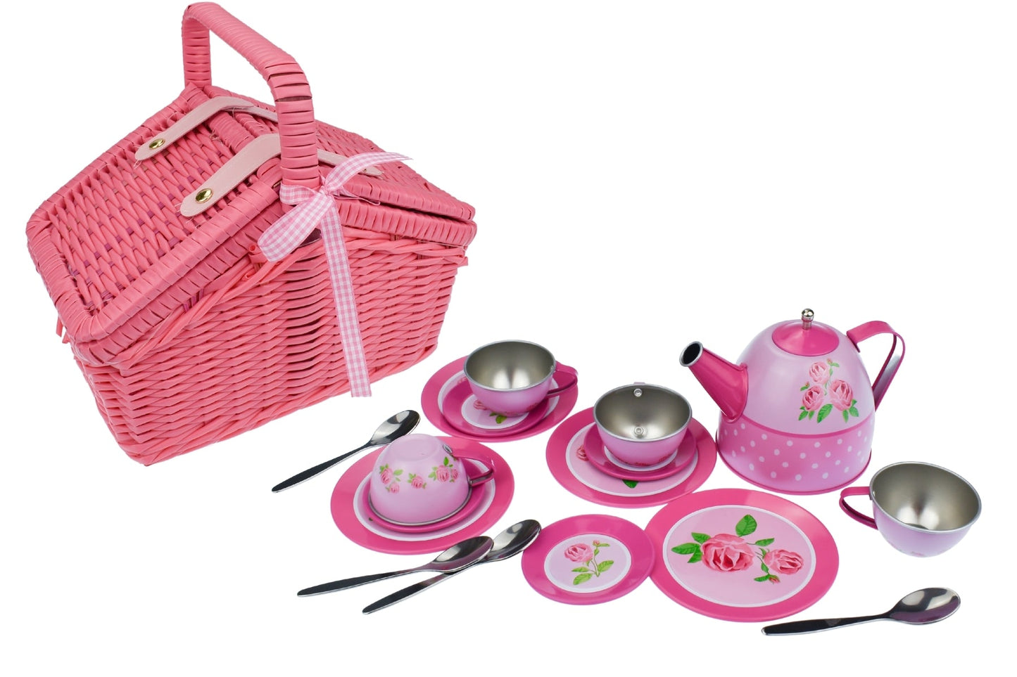 ROSE TIN TEA SET IN PICNIC BASKET 18PCS - Bamboo Sprout