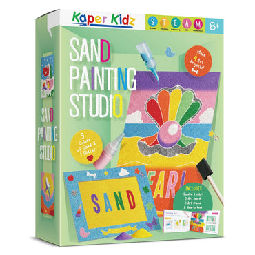 Kaper Kidz Sand Painting Studio Craft Kit with colorful sand containers and painting tools for creative art projects.