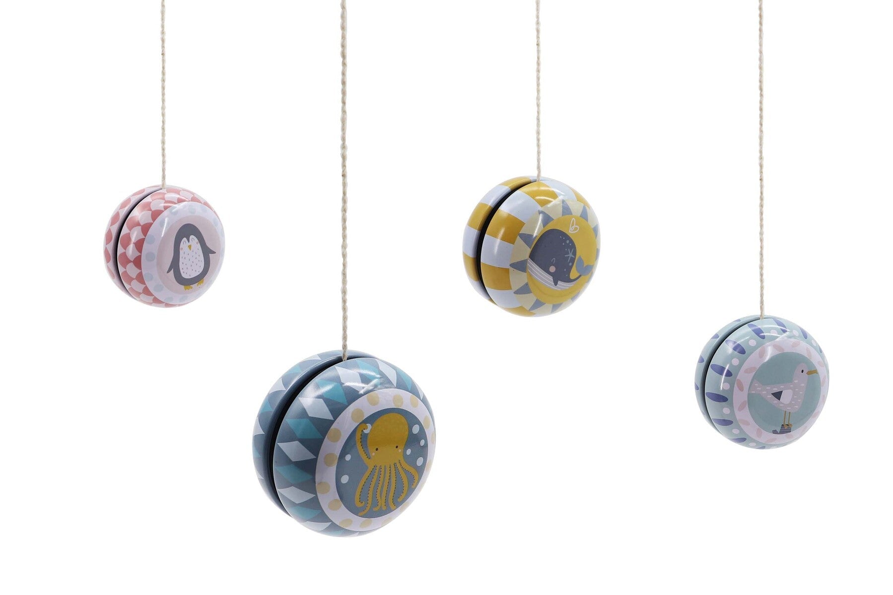 Set of four Kaper Kidz Sea Animal Tin Yo-Yos featuring colorful ocean creature designs for kids.