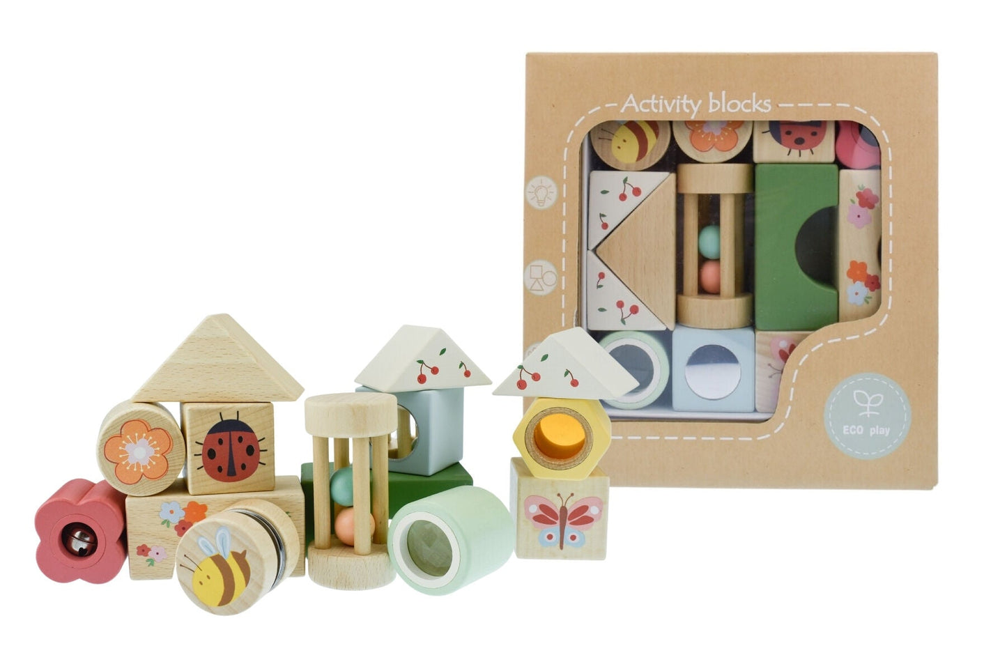 Set of 14 wooden spring insect activity blocks by Kaper Kidz featuring colorful insect illustrations for children.