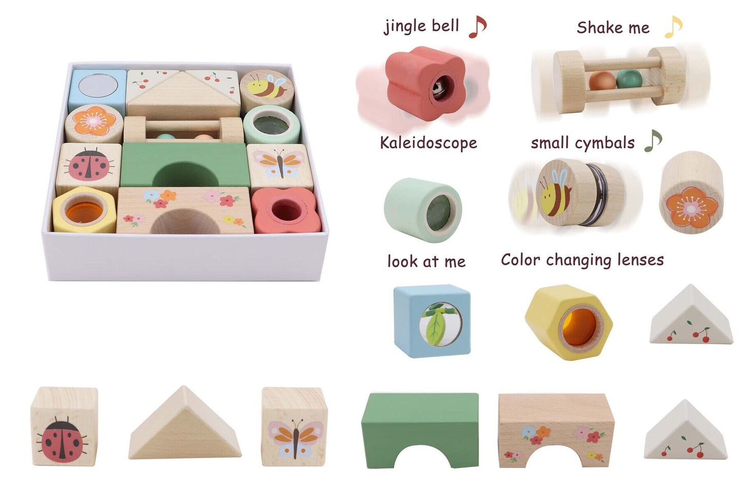 Set of 14 wooden Spring Insect Activity Blocks by Kaper Kidz featuring colorful insect shapes for early childhood play and learning.