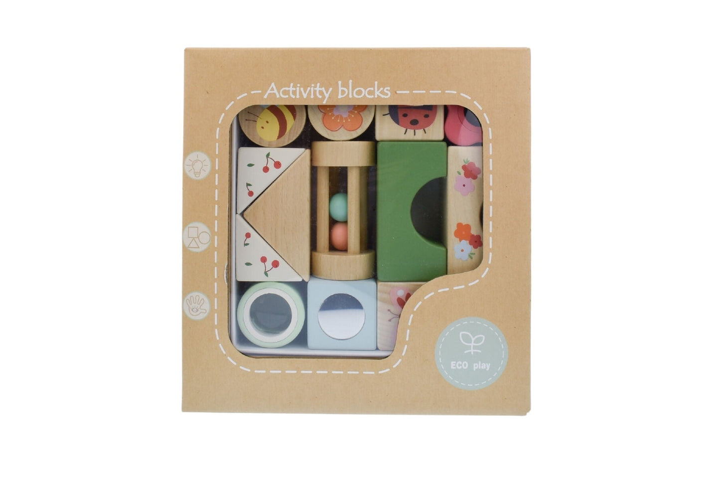 Set of 14 wooden Spring Insect Activity Blocks by Kaper Kidz featuring colorful insect-themed wooden blocks for kids' play and learning.