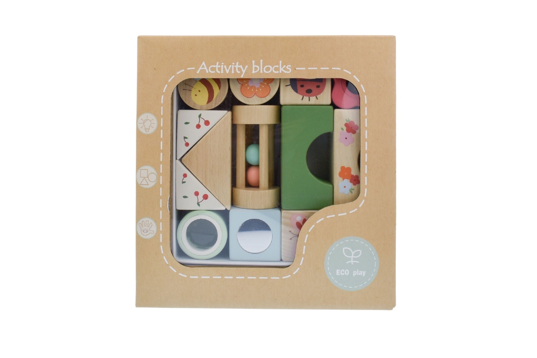 Set of 14 wooden Spring Insect Activity Blocks by Kaper Kidz featuring colorful insect-themed wooden blocks for kids' play and learning.