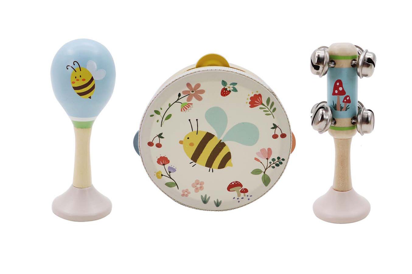 Kaper Kidz Spring Insect Bee Music Set with three wooden insect-themed musical toys for children.